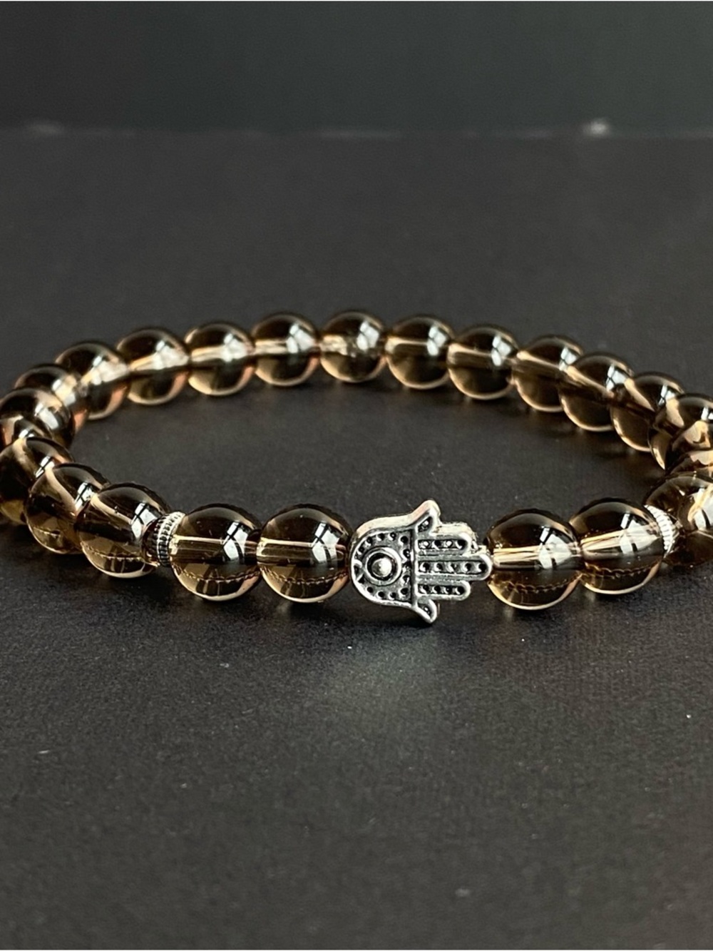 Smoky Quartz Beaded Bracelet with Hamsa Charm